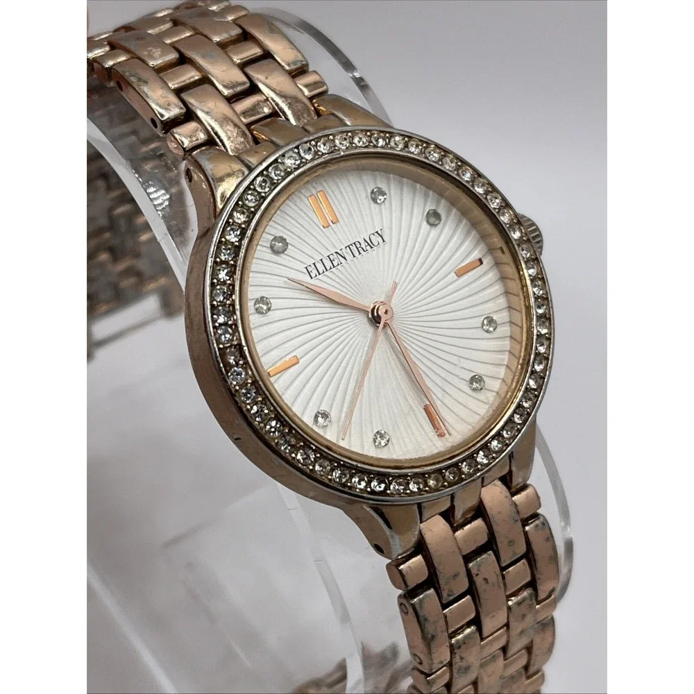Ellen Tracy Women's Quartz Watch Rose Gold Band Crystal Bezel- New Battery‎